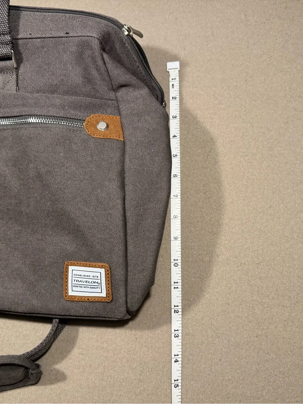 Travelon Charcoal Canvas Laptop Briefcase with Brown Trim anti theft